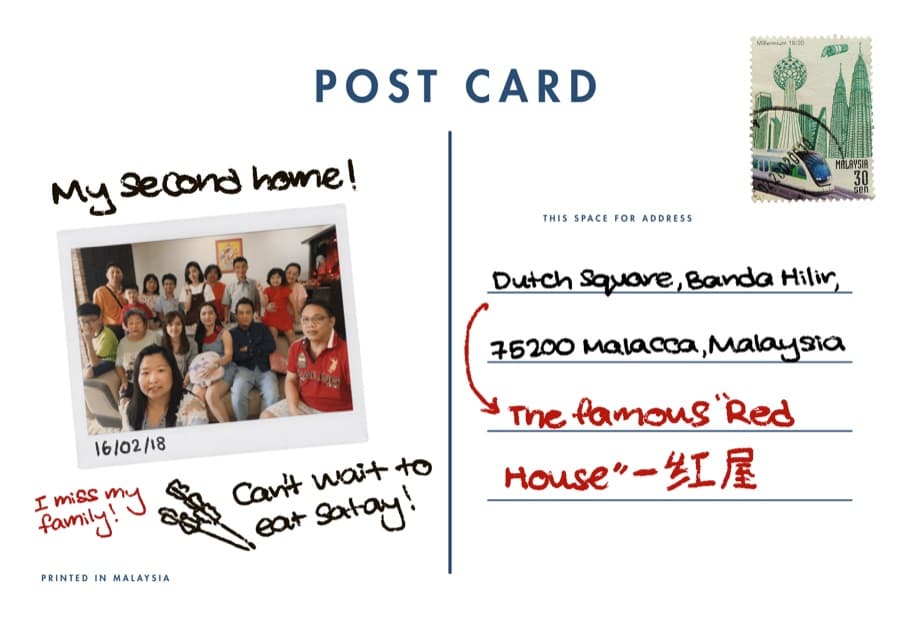 Postcard back from Malaysia, addressed and stamped, with a photo and handwritten notes