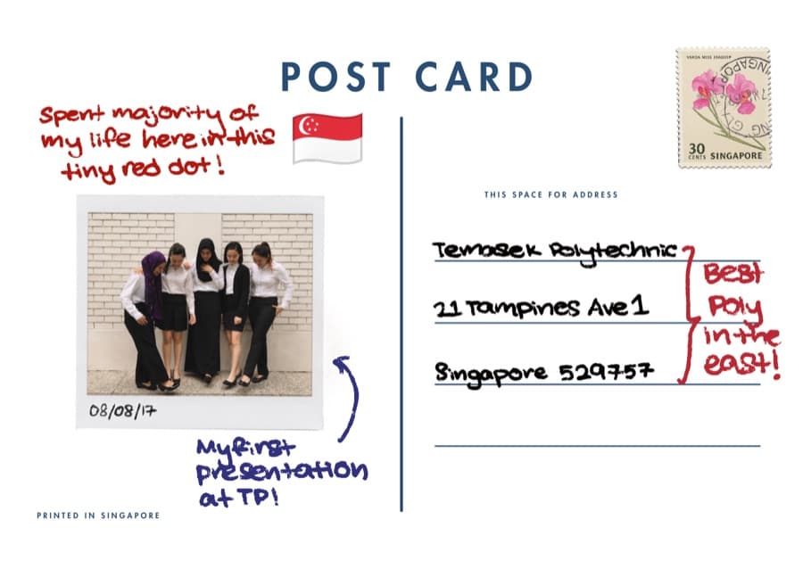 Postcard back from Singapore, addressed and stamped, with a photo and handwritten notes
