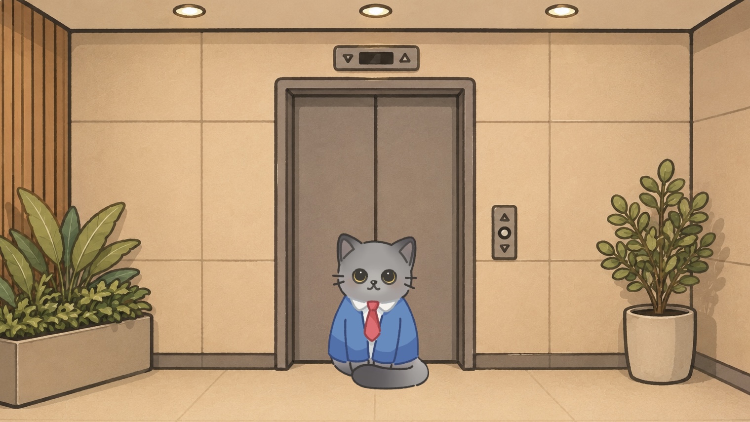 An illustration of a cat in a suit and tie waiting outside a lift